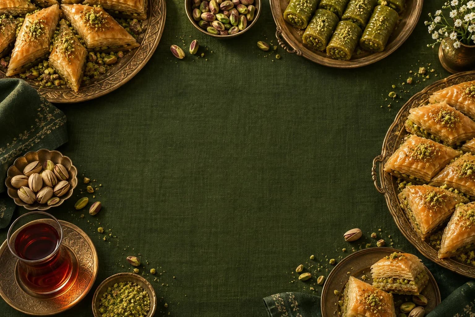 Altın rengi baklavalar, fıstık ve çayla hazırlanmış bir tatlı sofrası